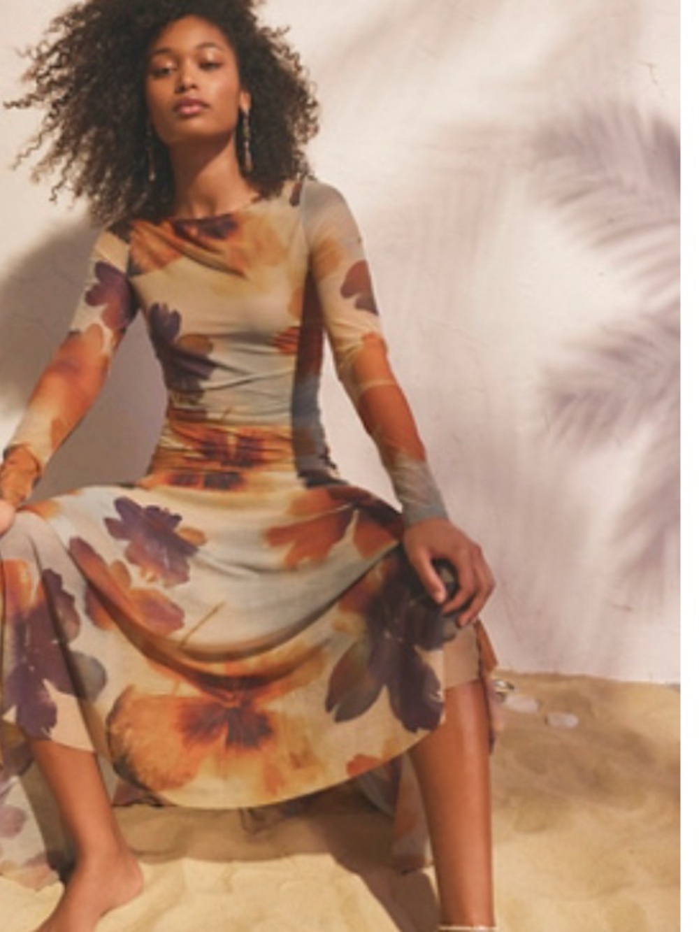 Long-Sleeve Floral Midi Dress in Warm Autumn Print